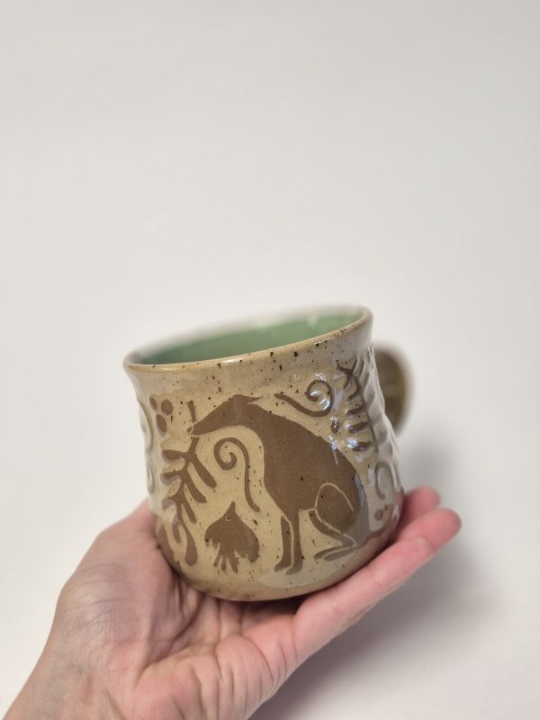 Ceramic greyhound sgraffito mug